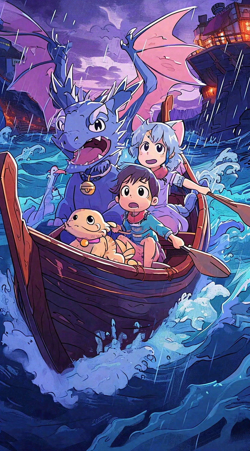 创意卡通古风河面人物游船，夜晚龙灯笼光照，海浪水面