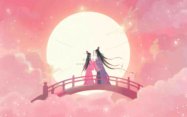 七夕牛郎织女鹊桥相会情侣恋人粉色浪漫梦幻唯美情人节插画背景