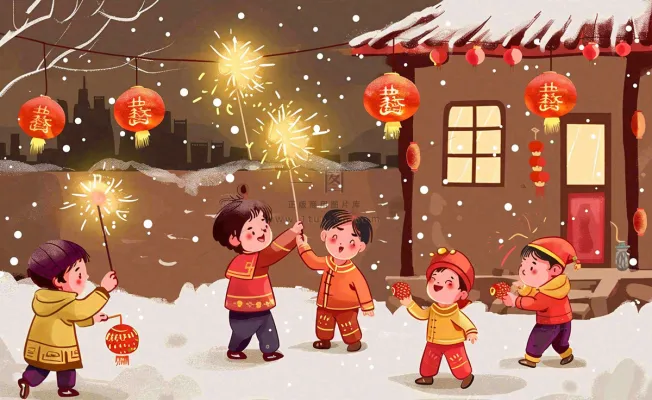 卡通新年除夕夜孩童放烟花鞭炮团聚喜庆春节插画过年背景 卡通新年除夕夜孩童放烟花鞭炮团聚喜庆春节插画过年背景