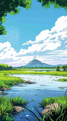 春天阳光灿烂远处的高山和田野春意盎然手绘卡通画