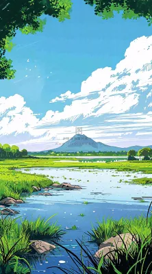 春天阳光灿烂远处的高山和田野春意盎然手绘卡通画