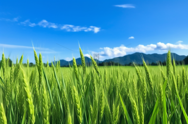 夏天绿色的小麦田蓝天摄影图