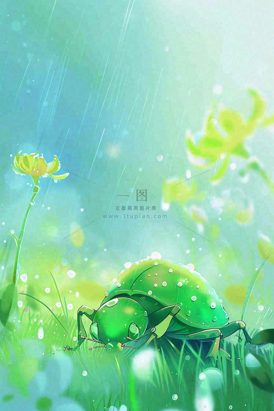 春天绿色甲壳虫昆虫草丛花朵雨水谷雨惊蛰卡通插画背景