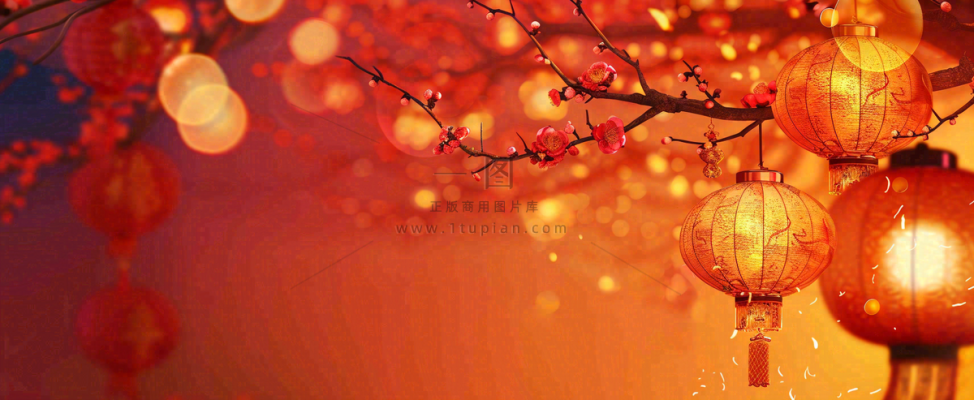 春节梅花红灯笼挂枝头红色喜庆小年除夕夜元宵节背景