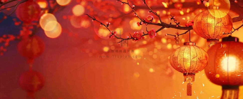 春节梅花红灯笼挂枝头红色喜庆小年除夕夜元宵节背景