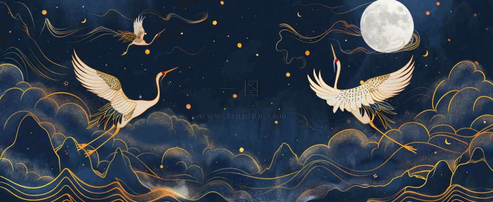 国潮山水中国风手绘祥云仙鹤插画古风唯美山水风景动物蓝金背景 国潮山水中国风手绘祥云仙鹤插画古风唯美山水风景动物蓝金背景