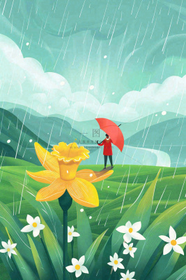 春天梅雨季红衣服人物插画花朵花丛绿草坪雨水谷雨春分插画卡通背景