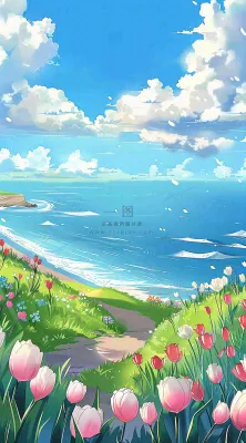 春天海边晴天蓝天白云郁金香春分插画背景 春天海边晴天蓝天白云郁金香春分插画背景