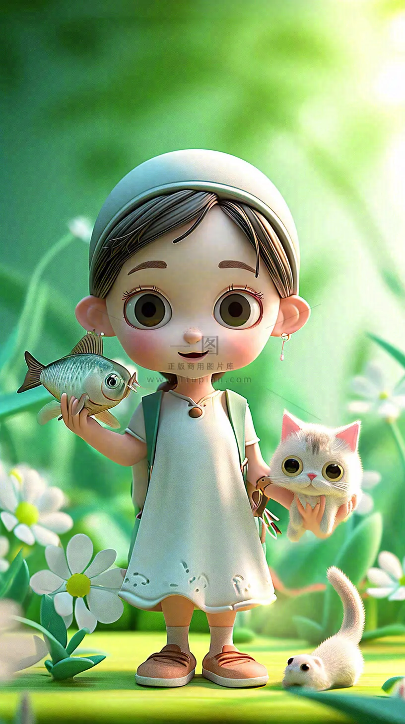 儿童节小女孩田间游玩小草小花,动物鱼类可爱