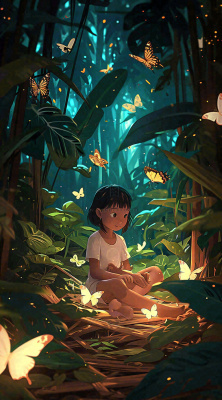 森林意境儿童少女灯光蝴蝶手绘插画,丛林树木 森林意境儿童少女灯光蝴蝶手绘插画,丛林树木