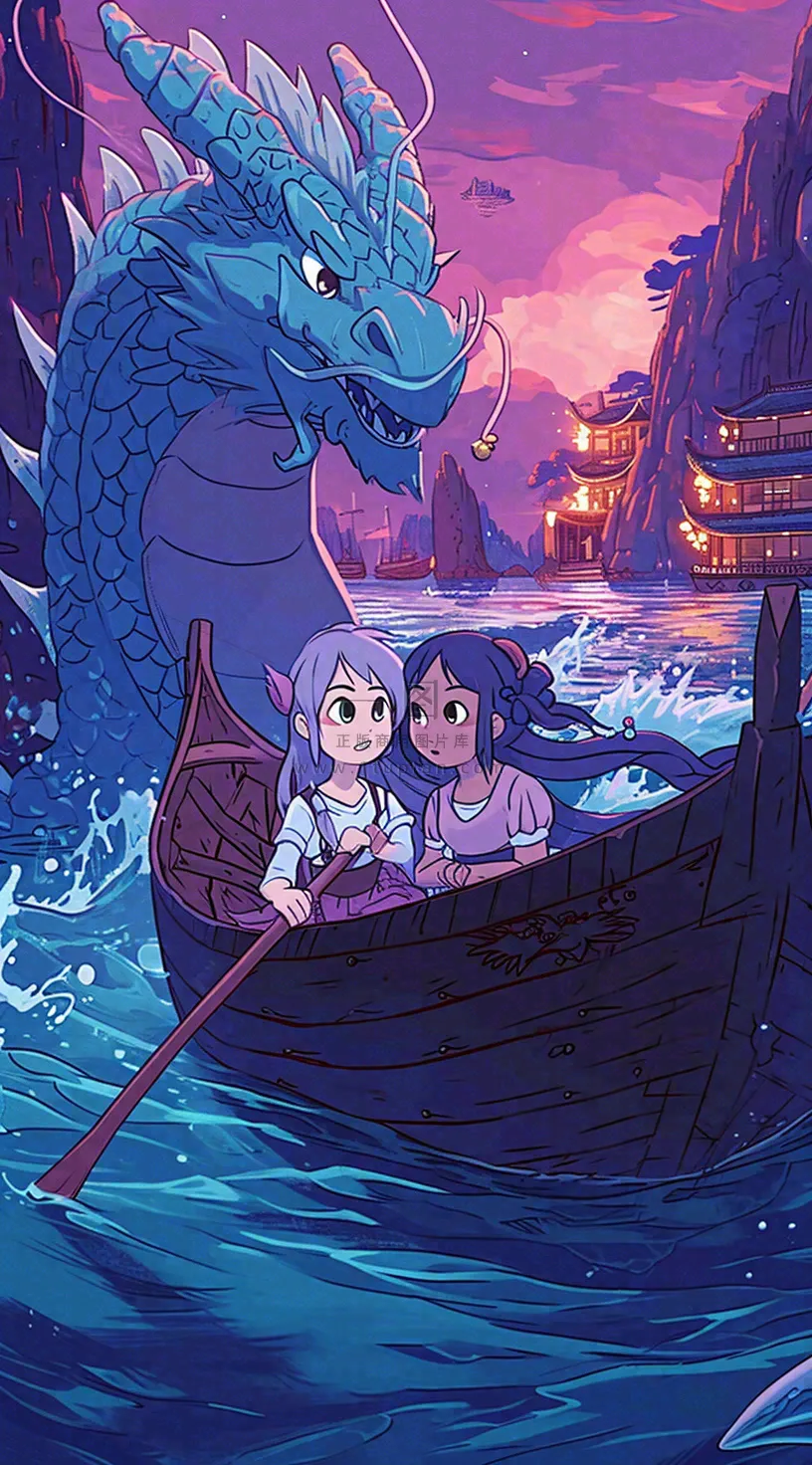 创意卡通古风河面人物游船，夜晚龙灯笼光照，海浪水面