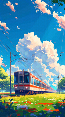 蓝天白云交通高铁铁路火车，草坪鲜花彩色插画