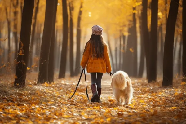 秋天小女孩牵着金毛宠物狗在公园散步摄影图 秋天小女孩牵着金毛宠物狗在公园散步摄影图