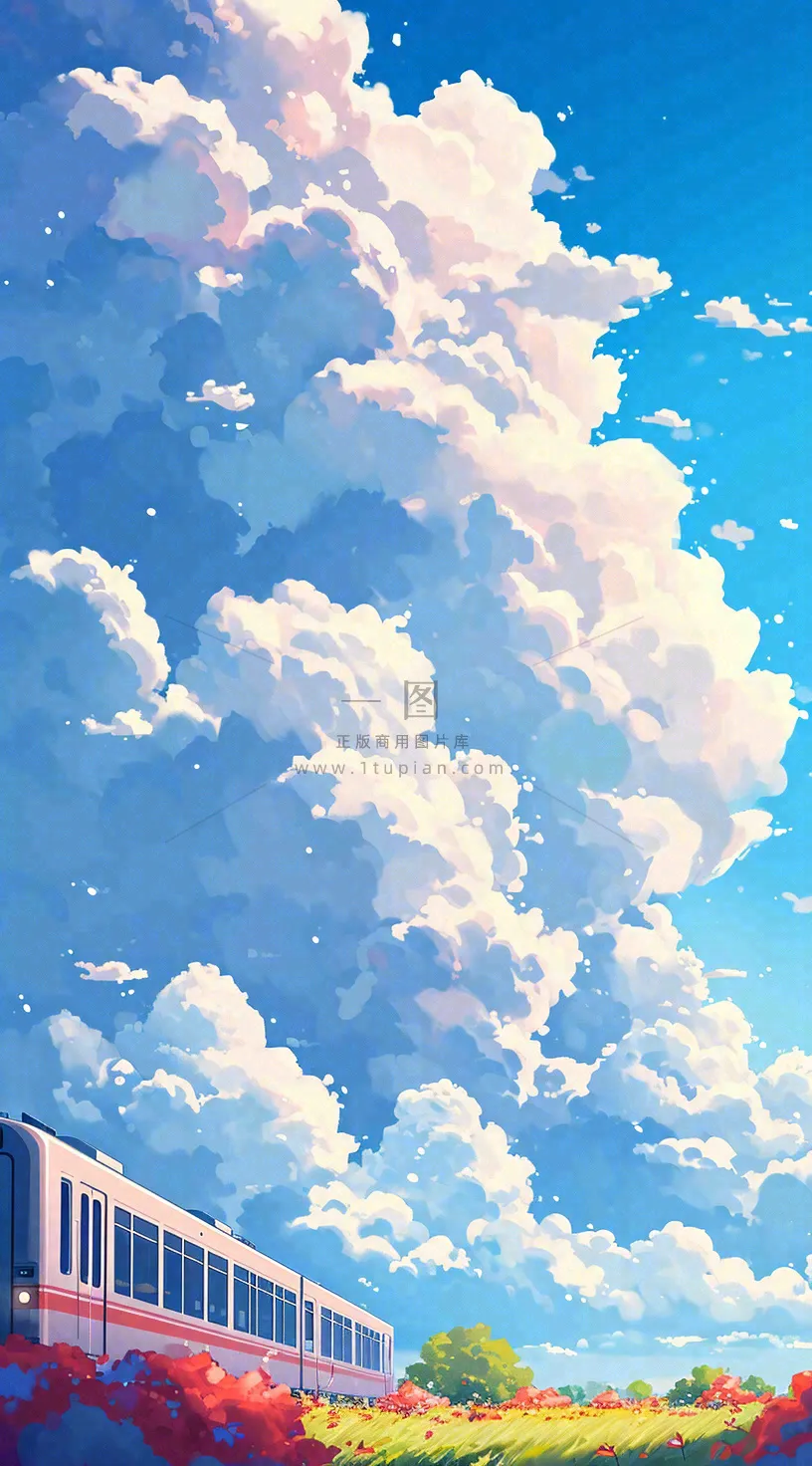 蓝天白云交通高铁铁路火车,草坪鲜花彩色插画