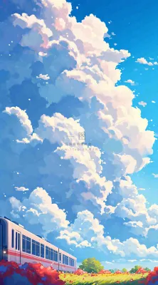 蓝天白云交通高铁铁路火车,草坪鲜花彩色插画 蓝天白云交通高铁铁路火车,草坪鲜花彩色插画