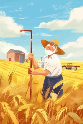 秋天农民伯伯秋收小麦丰收粮食金黄风车芒种立秋秋分卡通插画背景 秋天农民伯伯秋收小麦丰收粮食金黄风车芒种立秋秋分卡通插画背景