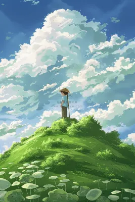 夏日天空之境男孩白云蓝天绿草地插画背景