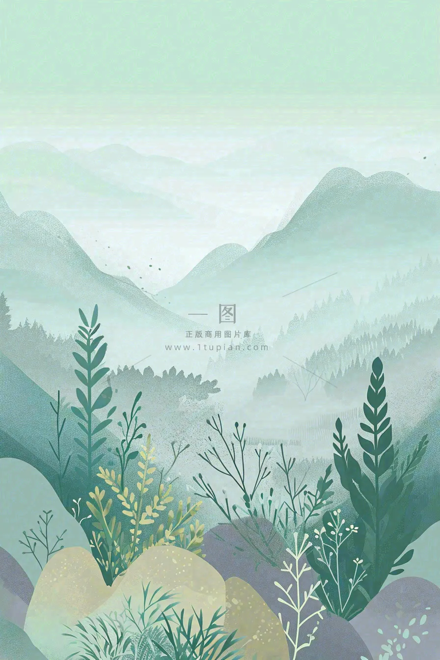 青绿山脉树木小草扁平插画手绘