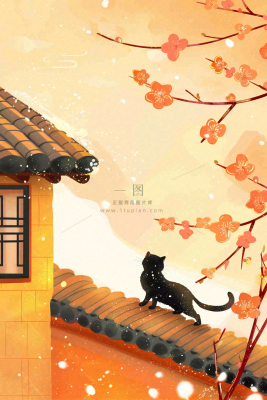 屋檐上的猫咪屋墙萧瑟霜降插画背景 屋檐上的猫咪屋墙萧瑟霜降插画背景
