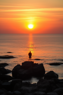 站在礁石上观赏落日的人落日余晖倒影摄影图