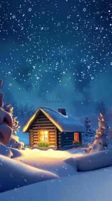 冬季夜晚蓝色星空下的小木屋灯火平安夜插画背景