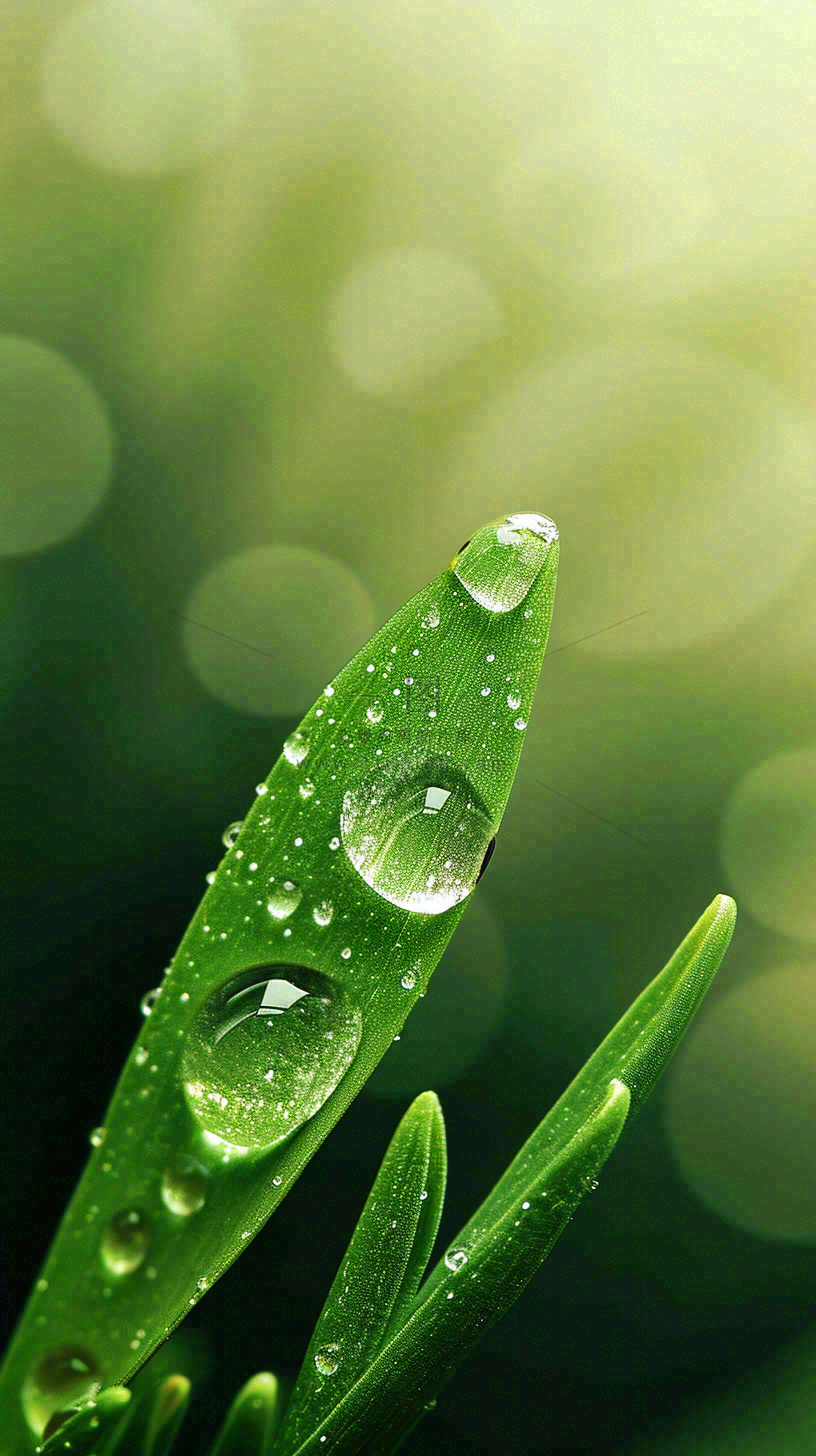 春天树叶草叶上晶莹剔透的水珠,雨水摄影图