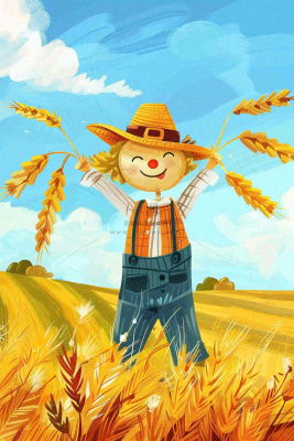 农场农田里的稻草人小麦麦穗秋收粮食芒种立秋秋分卡通插画背景 农场农田里的稻草人小麦麦穗秋收粮食芒种立秋秋分卡通插画背景