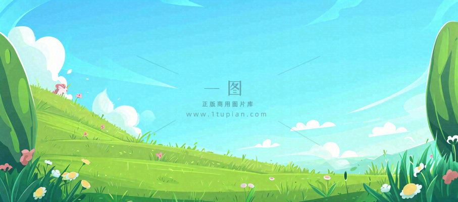 蓝天白云绿植草坪，小草树木清新，春天夏天阳光