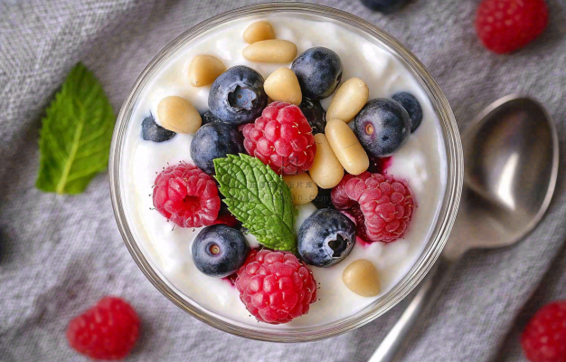 水果坚果酸奶树莓蓝莓食物饮品摄影图