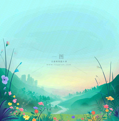春天山脉小溪河流花丛绿植清新手绘插画,春分惊蛰 春天山脉小溪河流花丛绿植清新手绘插画,春分惊蛰