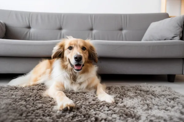 一只可爱的宠物狗趴着客厅毛毯上摄影图