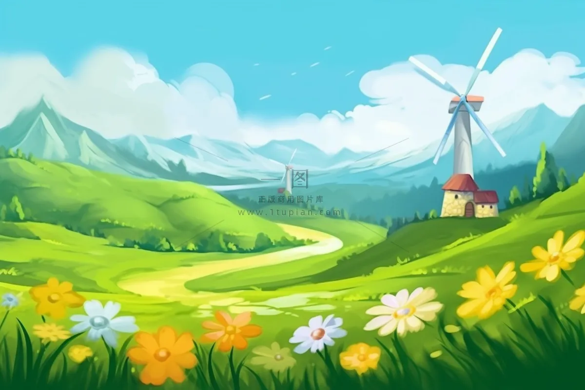 蓝天白云草地小花清新背景