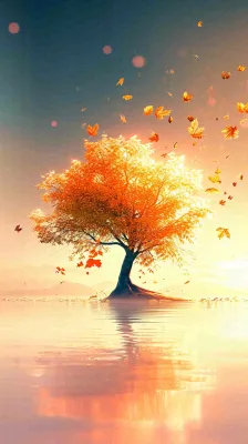 秋天树木的秋叶在河面上飘扬，金黄色温馨，秋分