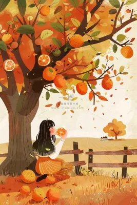 秋天橘子树下的女孩果实果树丰收立秋秋分卡通插画背景 秋天橘子树下的女孩果实果树丰收立秋秋分卡通插画背景