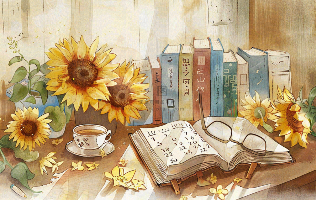 教师节办公桌向日葵备课老师水彩插画背景 教师节办公桌向日葵备课老师水彩插画背景