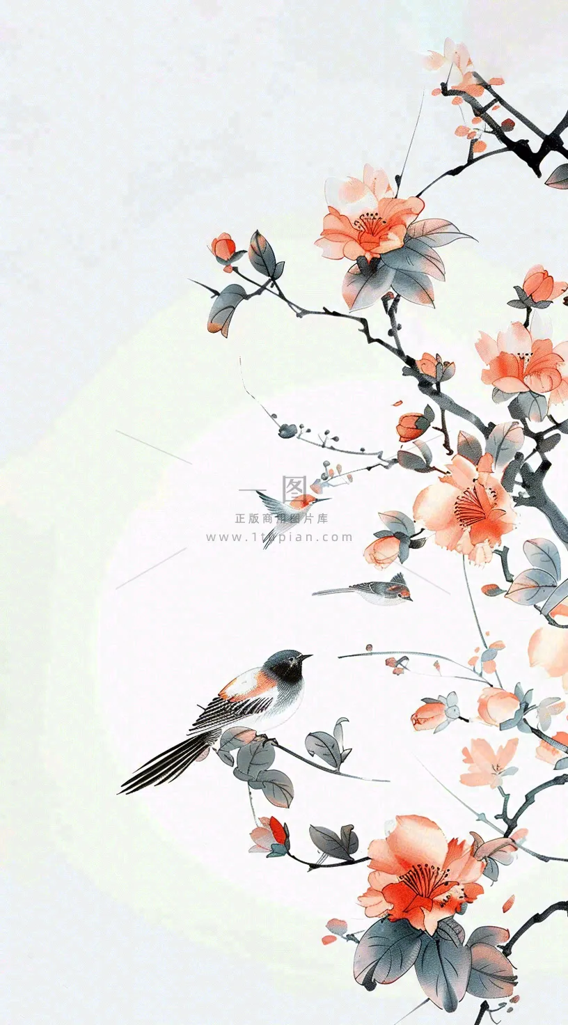秋天凄冷树枝鸟儿花国风插画立秋白露寒露秋分背景