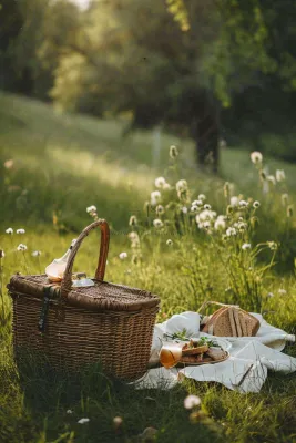春天户外草坪野餐篮子露营食物酒面包摄影