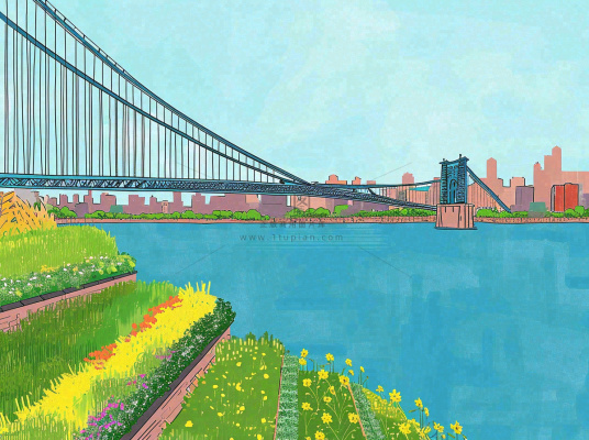 城市河边草地交通风景，春天阳光蓝天白云手绘插画