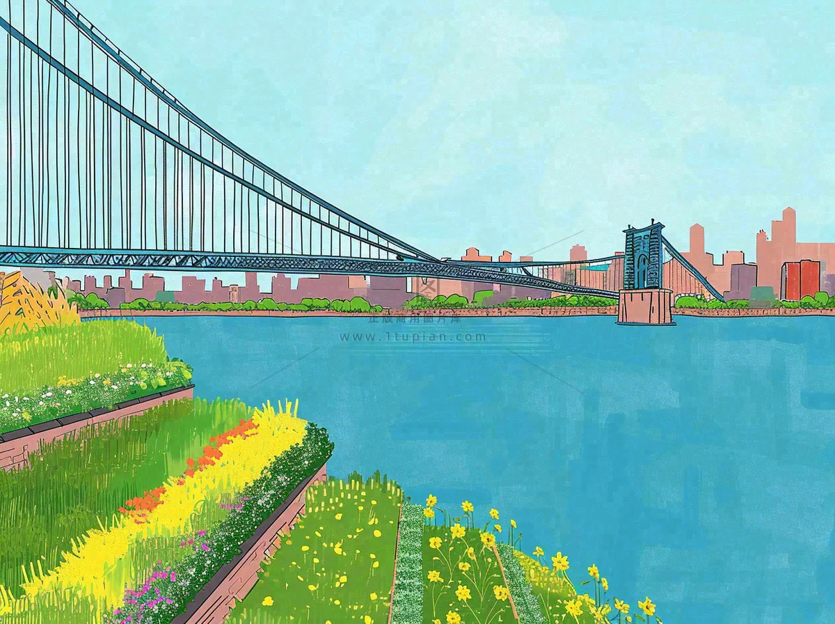 城市河边草地交通风景,春天阳光蓝天白云手绘插画
