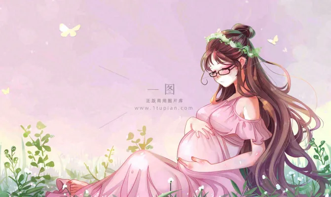 草丛鲜花里的孕妈妈唯美场景母爱母亲节粉色插画背景 草丛鲜花里的孕妈妈唯美场景母爱母亲节粉色插画背景