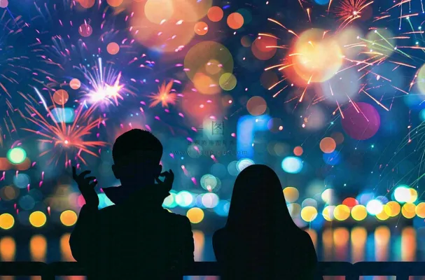 烟花绽放节日人物剪影背景庆祝小年除夕夜背景
