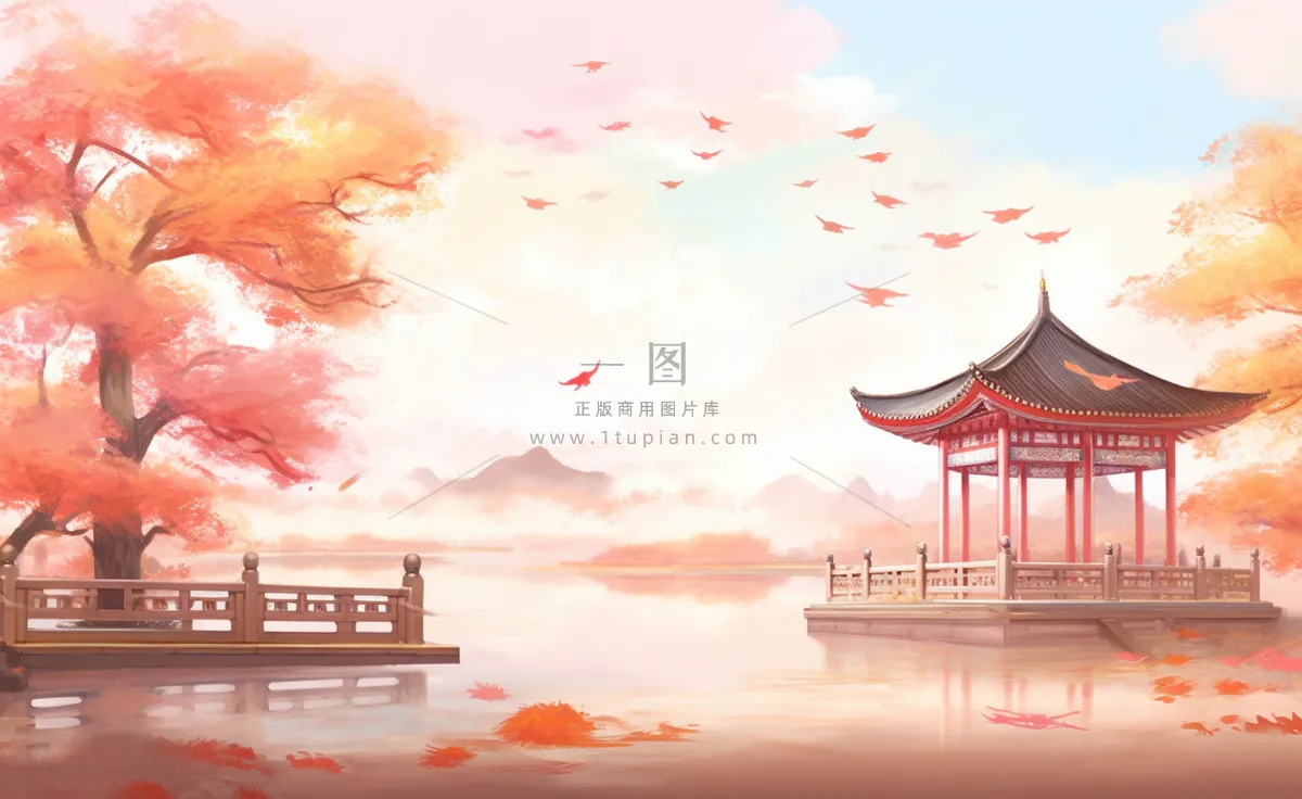 秋季枫叶晚亭山水湖面倒影美景中国风水墨画插画背景