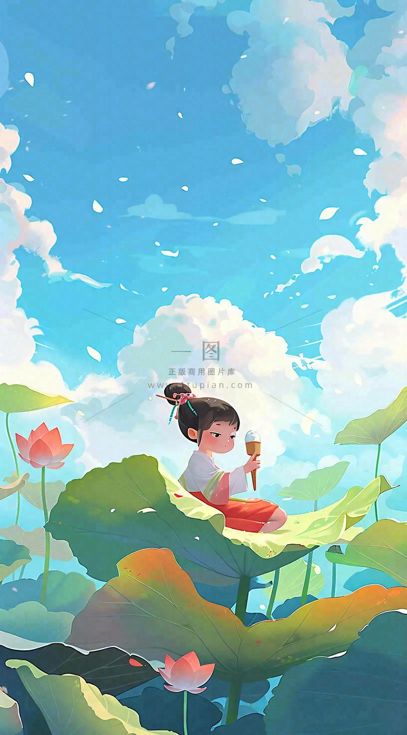 夏日荷花荷叶上的女孩古风人物插画蓝天白云立夏夏至插画背景