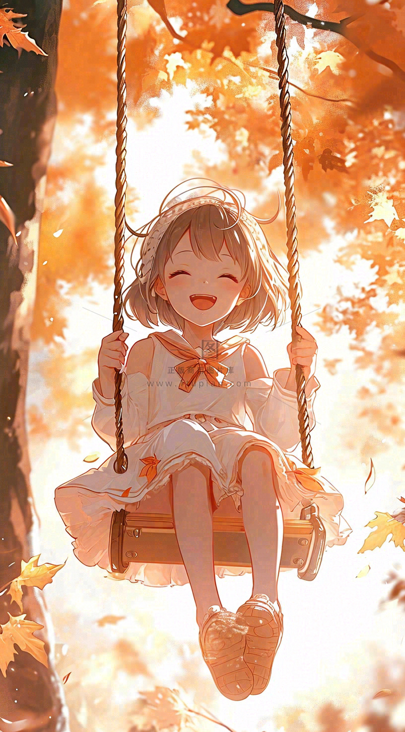 秋天秋叶少女儿童荡秋千玩耍,可爱手绘插画
