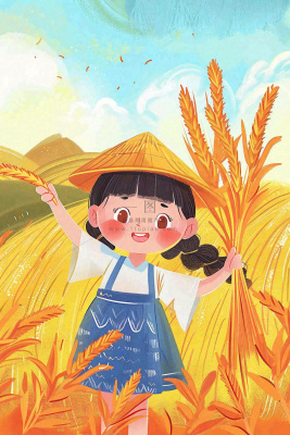 秋收麦田里抱着麦穗的女孩农民芒种立秋秋分卡通插画背景 秋收麦田里抱着麦穗的女孩农民芒种立秋秋分卡通插画背景