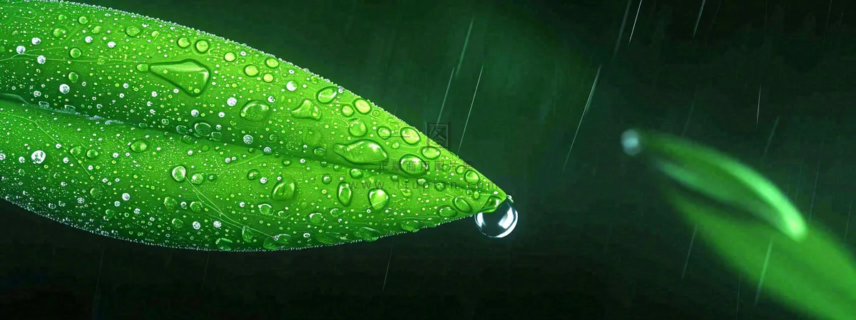 春天下雨天树叶草叶上的露珠水珠，谷雨雨水摄影图