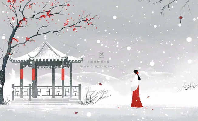 古风冬天雪景红衣女孩梅花雪地里的凉亭大雪小雪冬至中国风插画背景 古风冬天雪景红衣女孩梅花雪地里的凉亭大雪小雪冬至中国风插画背景