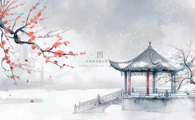 冬天雪景梅花水中凉亭雪花飘落冬至立冬古风小雪大雪手绘水墨国画插画背景 冬天雪景梅花水中凉亭雪花飘落冬至立冬古风小雪大雪手绘水墨国画插画背景