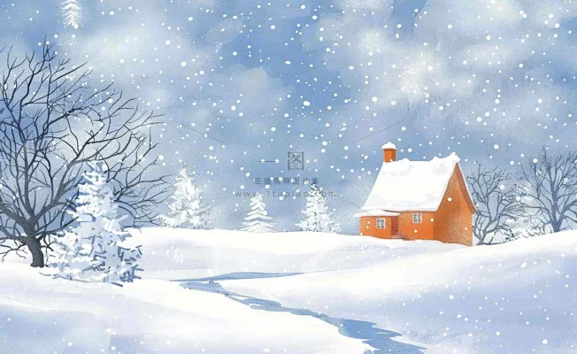 冬天雪景河流森林小屋白雪皑皑小雪大雪冬至立冬水彩画卡通插画背景