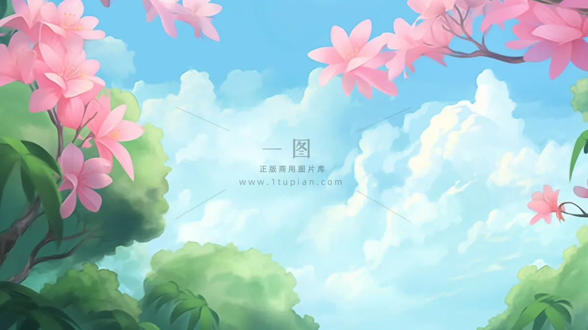 蓝天白云粉色花树花瓣卡通插画素材